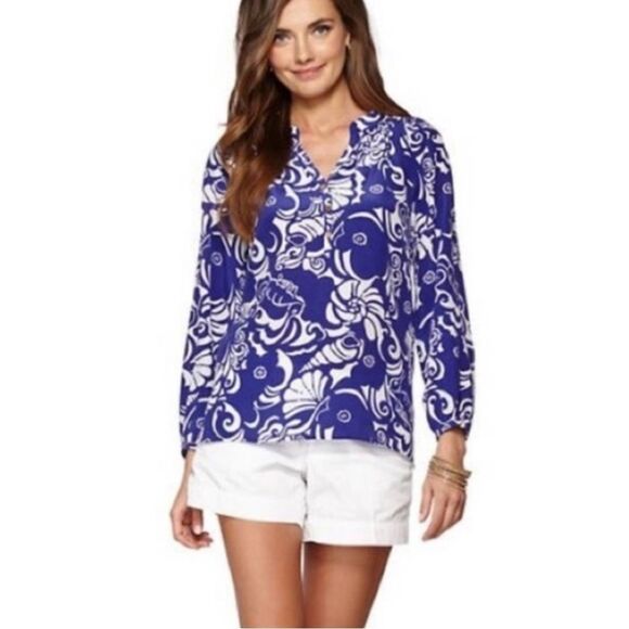 Lilly Pulitzer Elsa Silk Blue Tide Pools Pullover Blouse - Picture 1 of 7